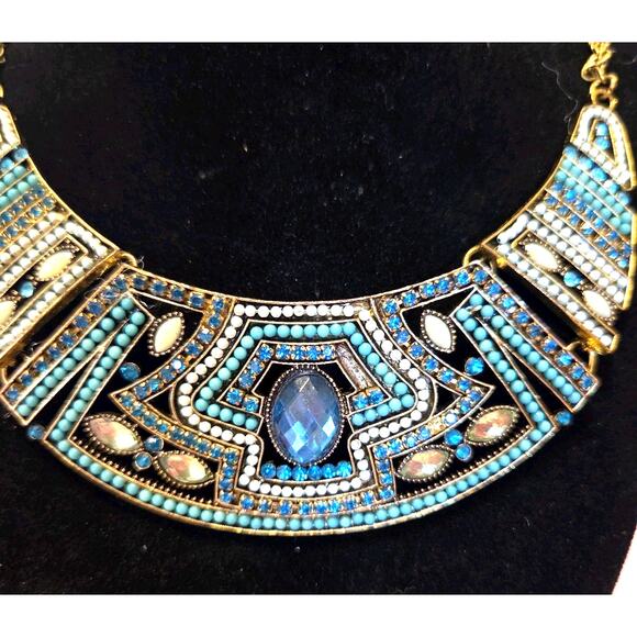 Egyptian Pharoah Bib Necklace Blue Stones Beads Gold Tone Rope Chain Statement - Picture 2 of 9